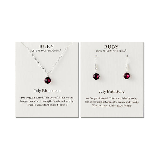 July (Ruby) Birthstone Necklace & Drop Earrings Set Created with Zircondia® Crystals - Philip Jones Jewellery