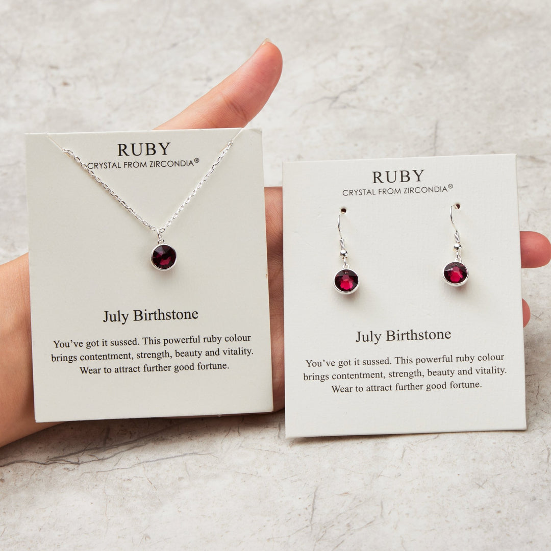July (Ruby) Birthstone Necklace & Drop Earrings Set Created with Zircondia® Crystals - Philip Jones Jewellery
