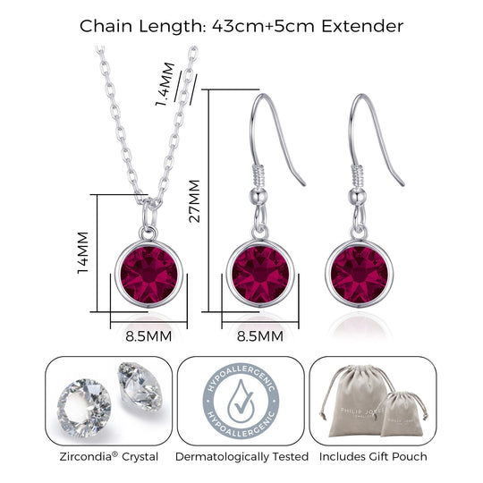 July (Ruby) Birthstone Necklace & Drop Earrings Set Created with Zircondia® Crystals - Philip Jones Jewellery