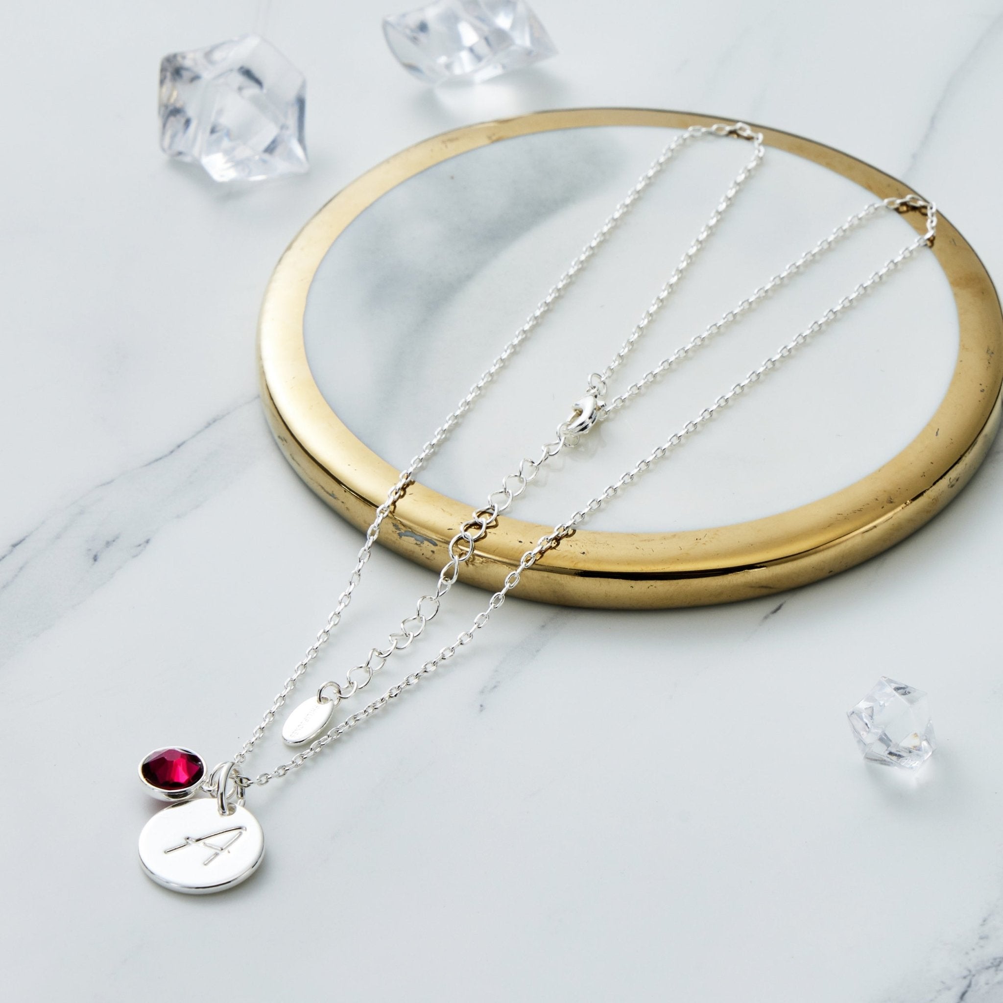 July (Ruby) Birthstone Necklace with Initial Charm (A to Z) Created with Zircondia® Crystals - Philip Jones Jewellery