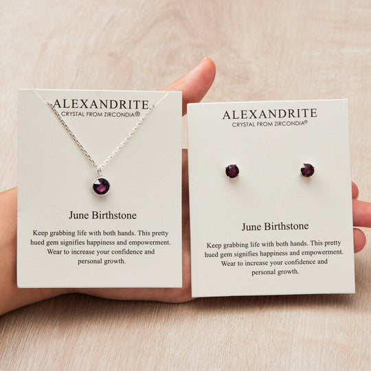 June (Alexandrite) Birthstone Necklace & Earrings Set Created with Zircondia® Crystals - Philip Jones Jewellery