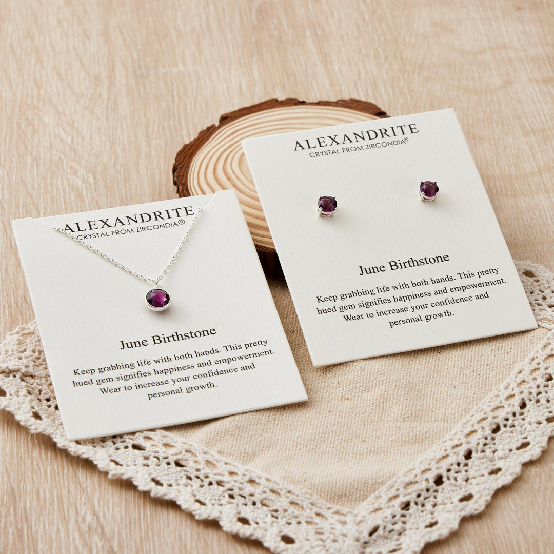 June (Alexandrite) Birthstone Necklace & Earrings Set Created with Zircondia® Crystals - Philip Jones Jewellery
