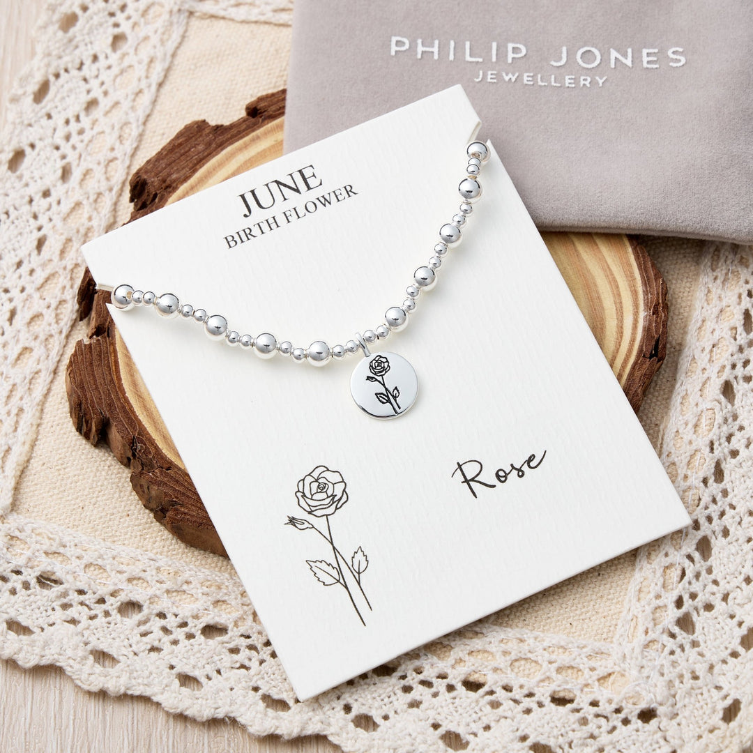 June Birth Flower Rose Beaded Stretch Bracelet