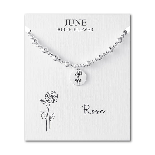 June Birth Flower Rose Beaded Stretch Bracelet - Philip Jones Jewellery