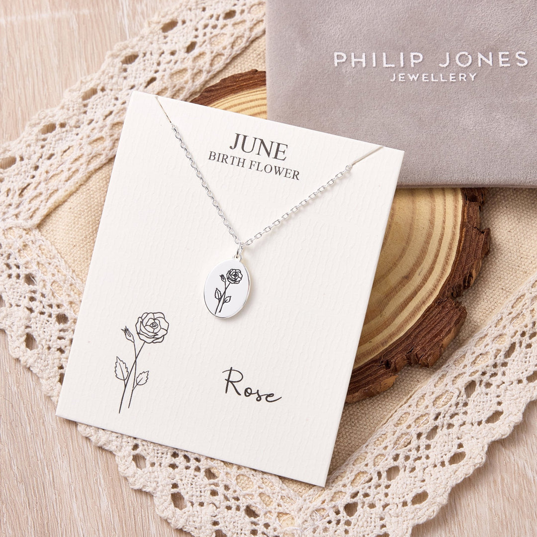 June Birth Flower Rose Necklace with Card - Philip Jones Jewellery