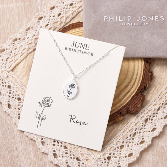 June Birth Flower Rose Necklace with Card - Philip Jones Jewellery