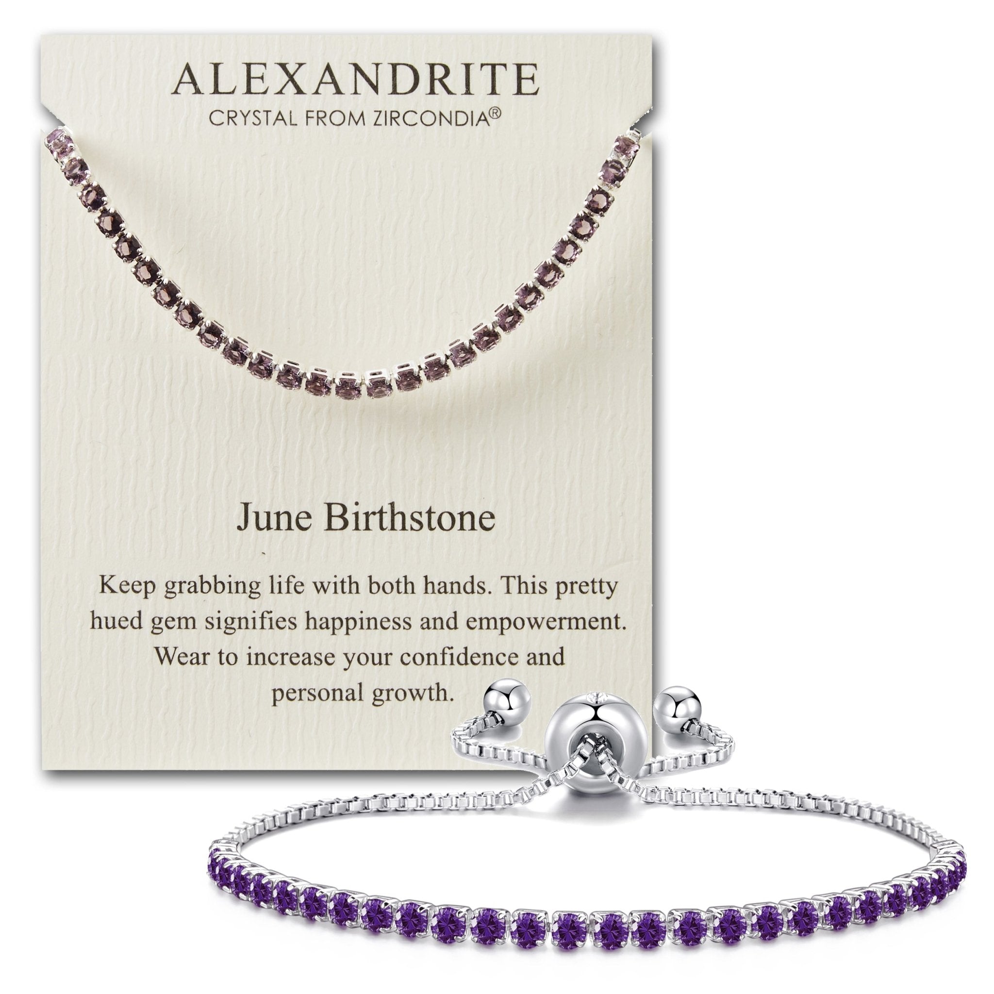 Philip Jones Bracciale Portafortuna Giugno - Alessandrite E Cristalli Zircondia, Placcato Argento, Regolabile 12-24 Cm, Ipoallergenico