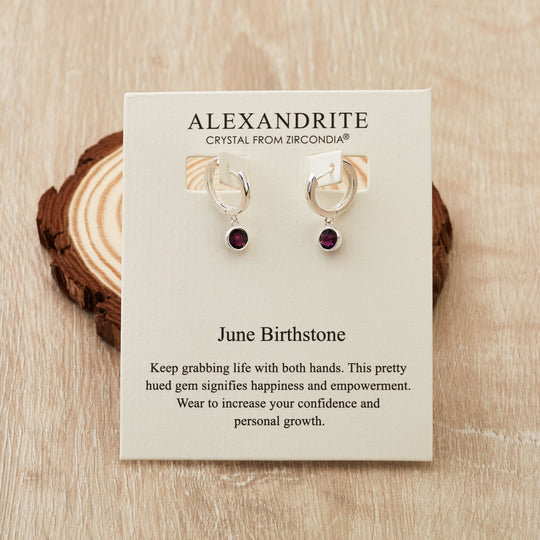 June Birthstone Hoop Earrings Created with Alexandrite Zircondia® Crystals - Philip Jones Jewellery