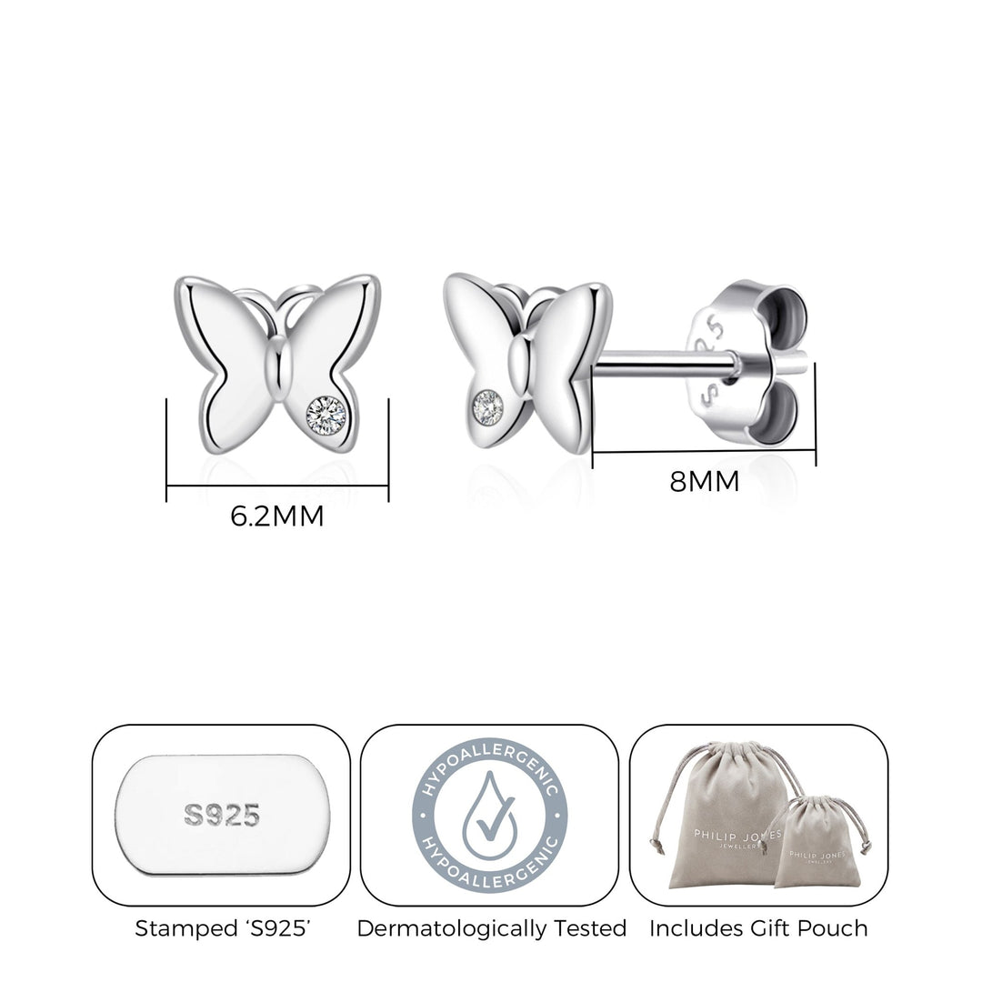 Kids Sterling Silver Butterfly Earrings Created with Zircondia® Crystals - Philip Jones Jewellery