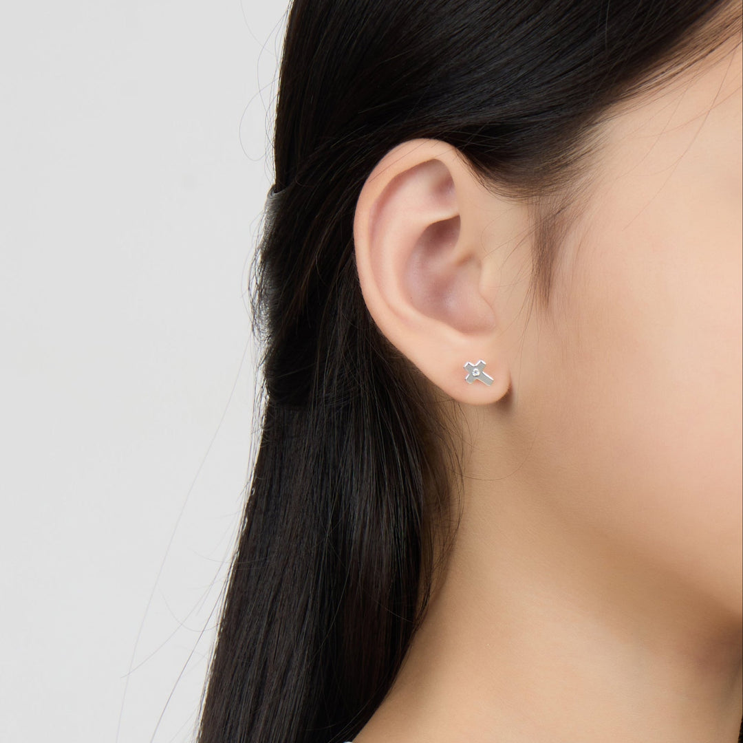 Kids Sterling Silver Cross Earrings Created with Zircondia® Crystals - Philip Jones Jewellery