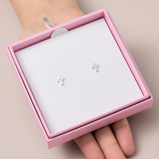 Kids Sterling Silver Cross Earrings Created with Zircondia® Crystals - Philip Jones Jewellery