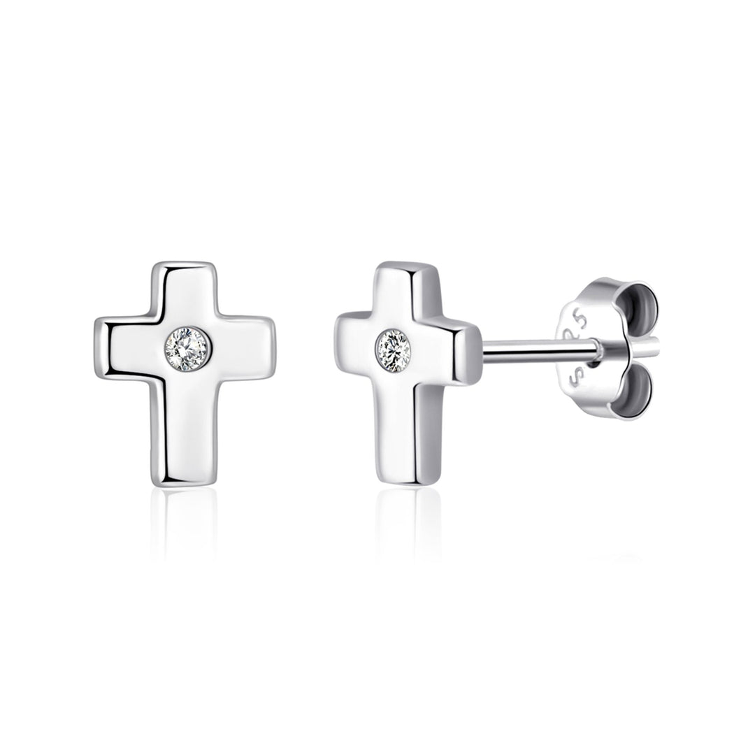 Kids Sterling Silver Cross Earrings Created with Zircondia® Crystals - Philip Jones Jewellery