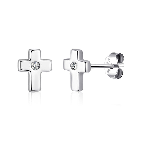 Kids Sterling Silver Cross Earrings Created with Zircondia® Crystals - Philip Jones Jewellery