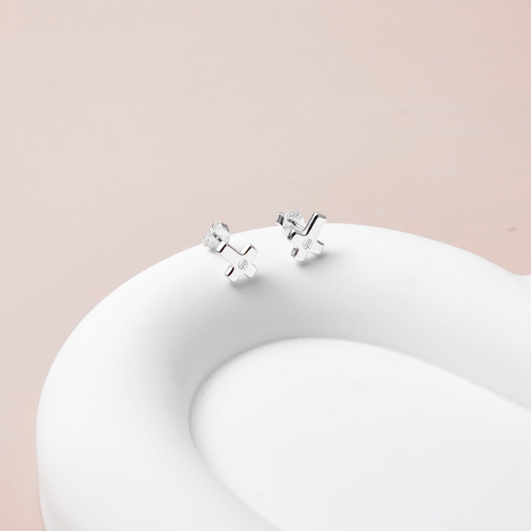 Kids Sterling Silver Cross Earrings Created with Zircondia® Crystals - Philip Jones Jewellery