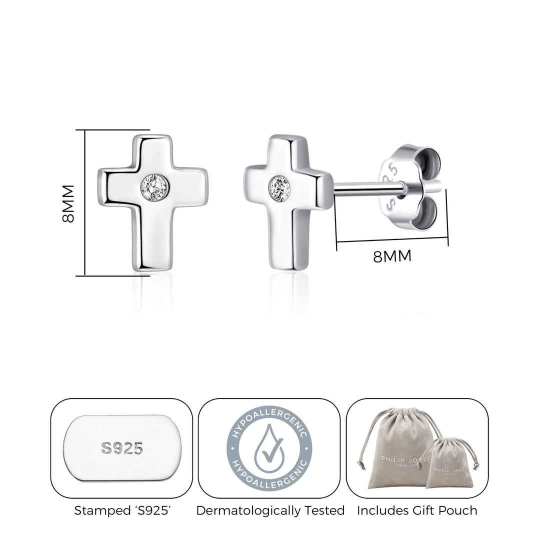 Kids Sterling Silver Cross Earrings Created with Zircondia® Crystals - Philip Jones Jewellery