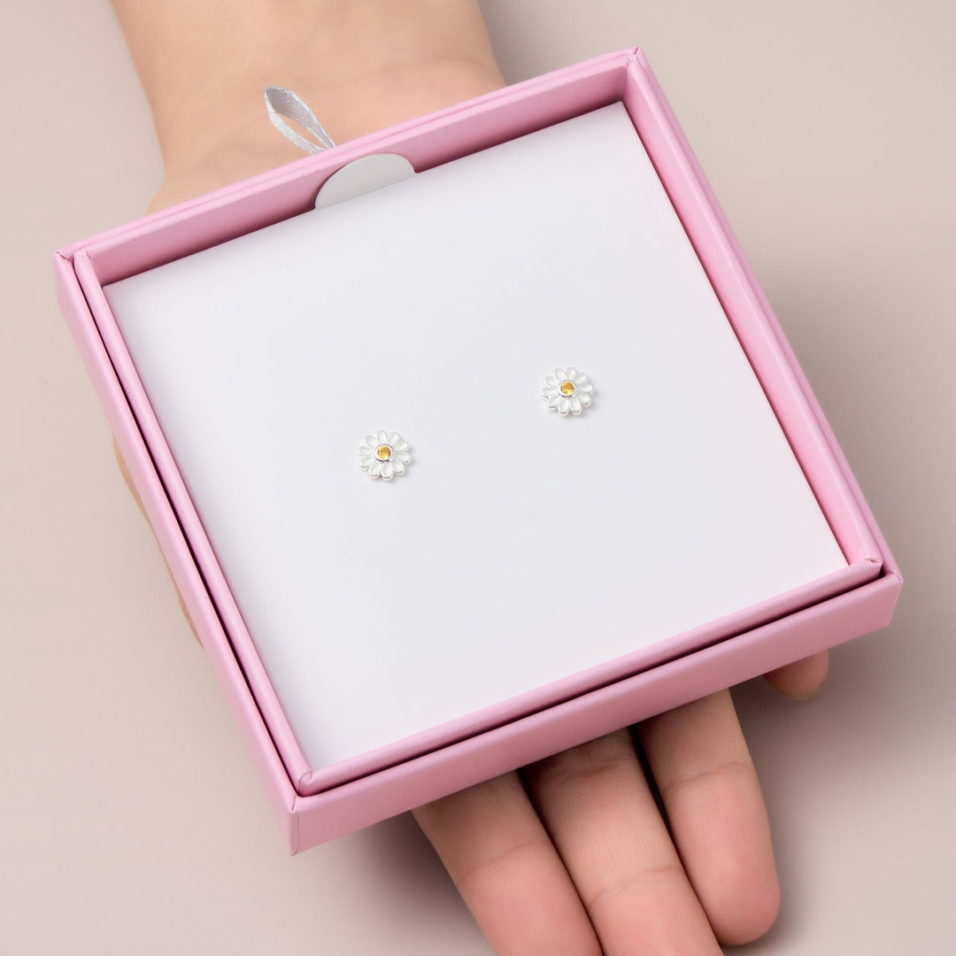Kids Sterling Silver Daisy Earrings Created with Zircondia® Crystals - Philip Jones Jewellery