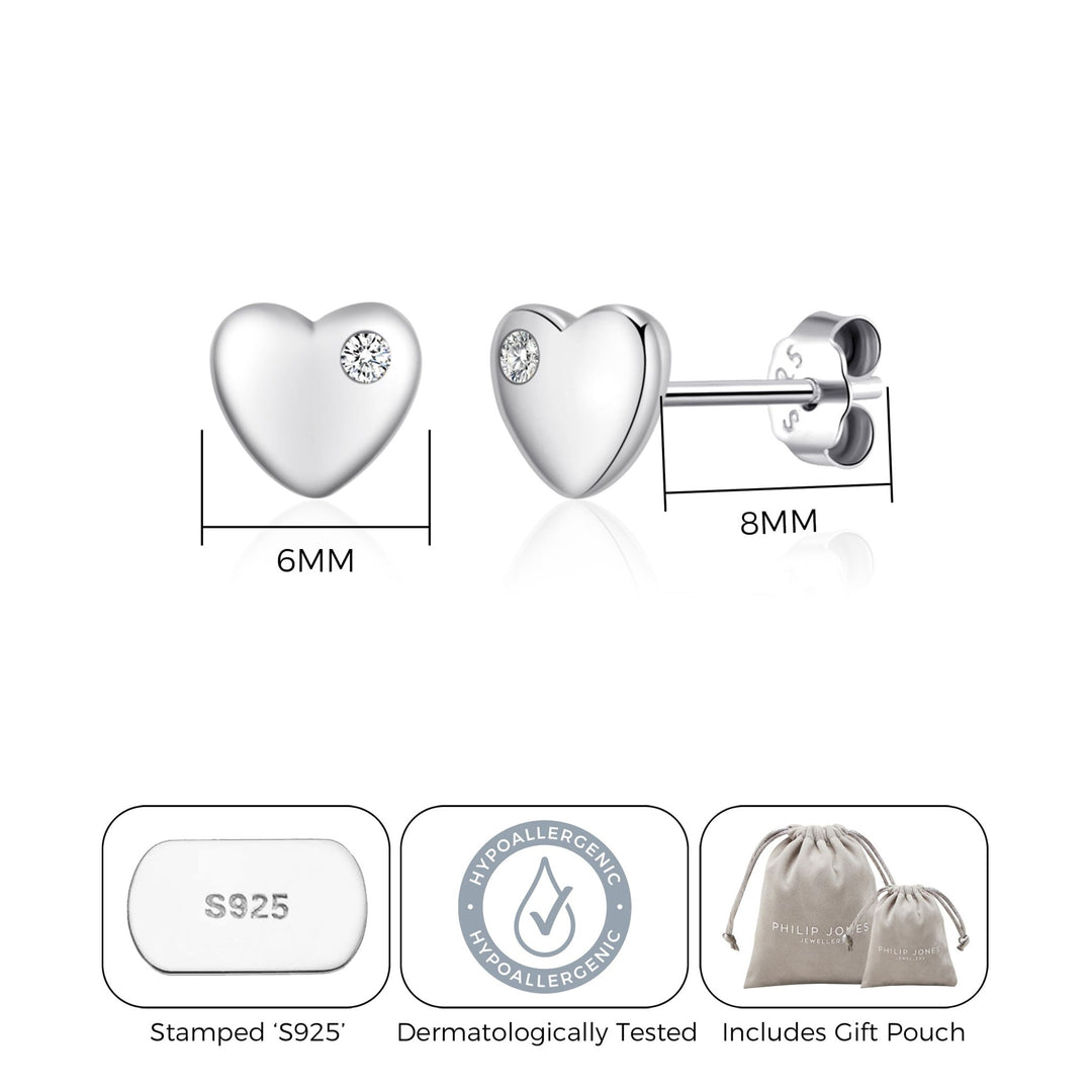 Kids Sterling Silver Heart Earrings Created with Zircondia® Crystals - Philip Jones Jewellery