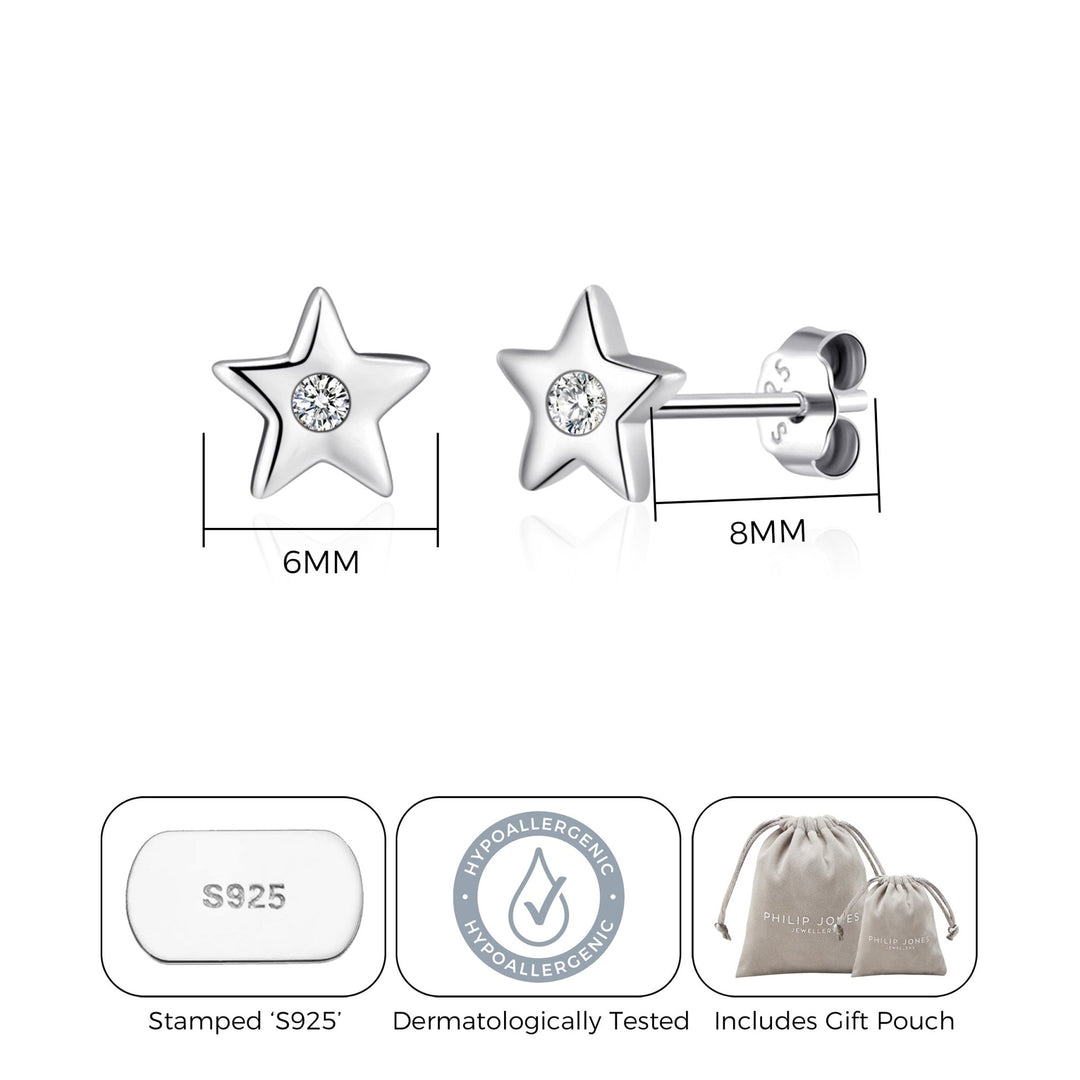 Kids Sterling Silver Star Earrings Created with Zircondia® Crystals - Philip Jones Jewellery
