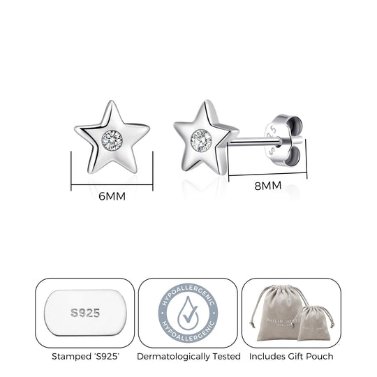 Kids Sterling Silver Star Earrings Created with Zircondia® Crystals - Philip Jones Jewellery