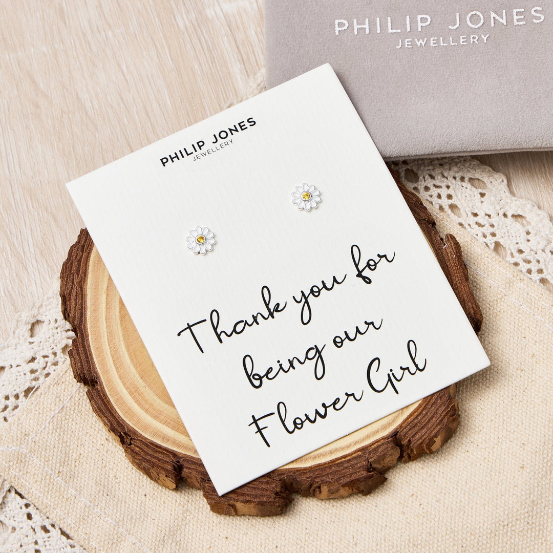 Kid's Sterling Silver Thank you for being our Flower Girl Daisy Earrings Created with Zircondia® Crystals - Philip Jones Jewellery