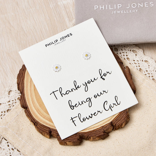 Kid's Sterling Silver Thank you for being our Flower Girl Daisy Earrings Created with Zircondia® Crystals - Philip Jones Jewellery