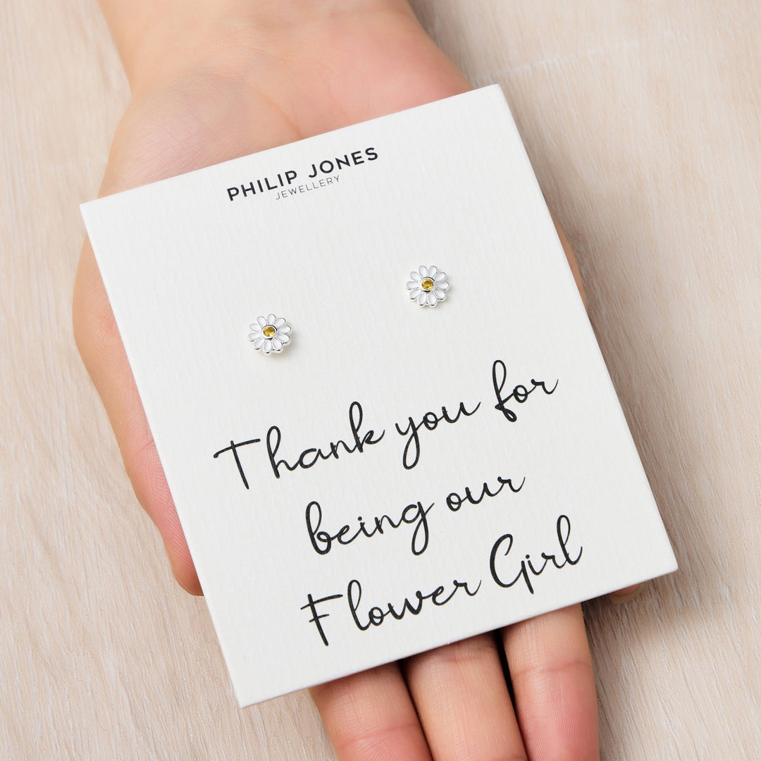 Kid's Sterling Silver Thank you for being our Flower Girl Daisy Earrings Created with Zircondia® Crystals - Philip Jones Jewellery