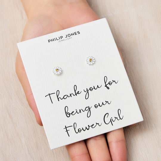 Kid's Sterling Silver Thank you for being our Flower Girl Daisy Earrings Created with Zircondia® Crystals - Philip Jones Jewellery