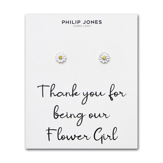 Kid's Sterling Silver Thank you for being our Flower Girl Daisy Earrings Created with Zircondia® Crystals - Philip Jones Jewellery