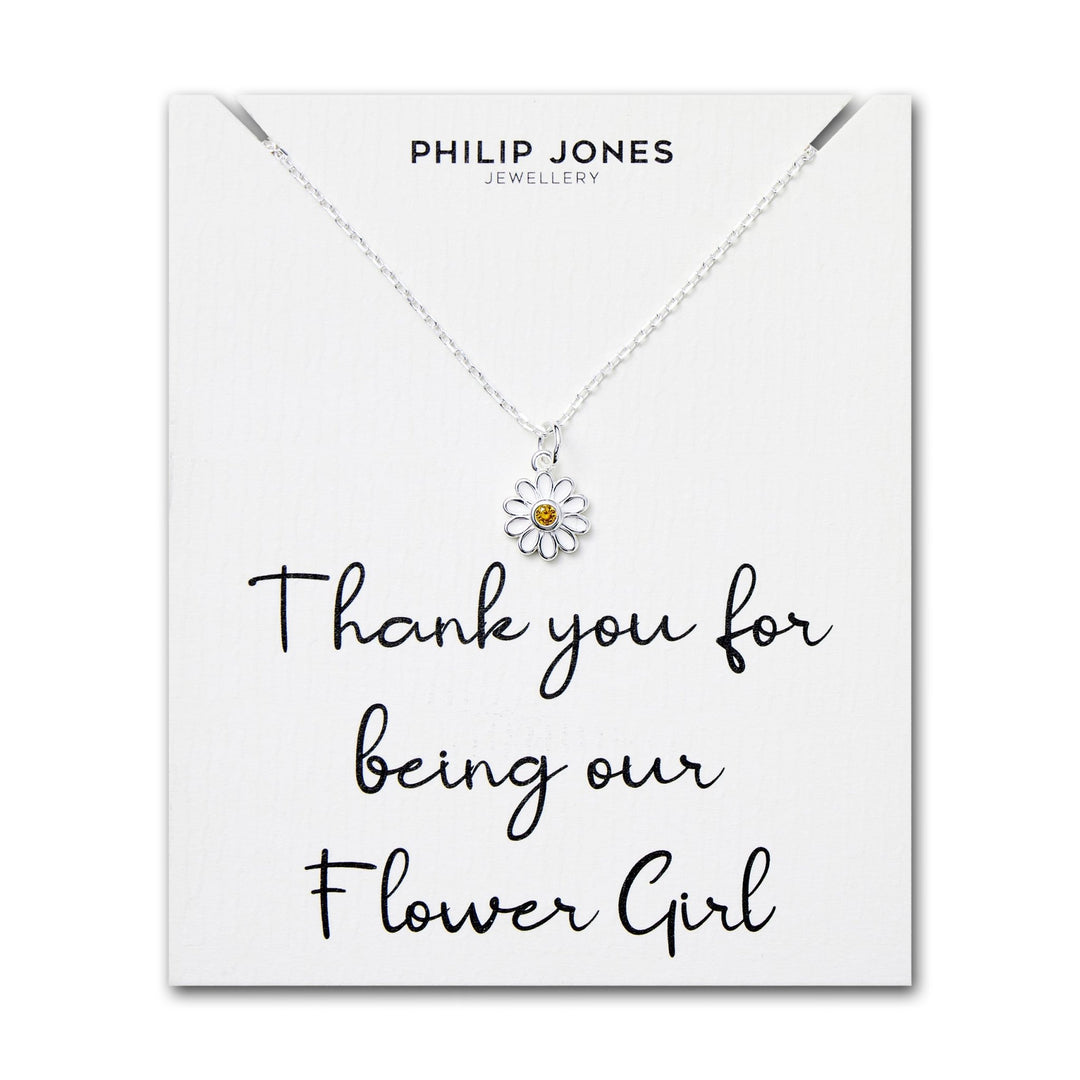 Kid's Sterling Silver Thank you for being our Flower Girl Daisy Necklace Created with Zircondia® Crystals - Philip Jones Jewellery