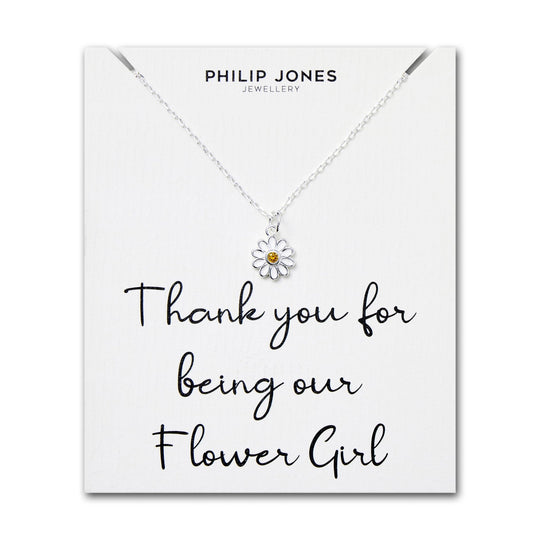 Kid's Sterling Silver Thank you for being our Flower Girl Daisy Necklace Created with Zircondia® Crystals - Philip Jones Jewellery