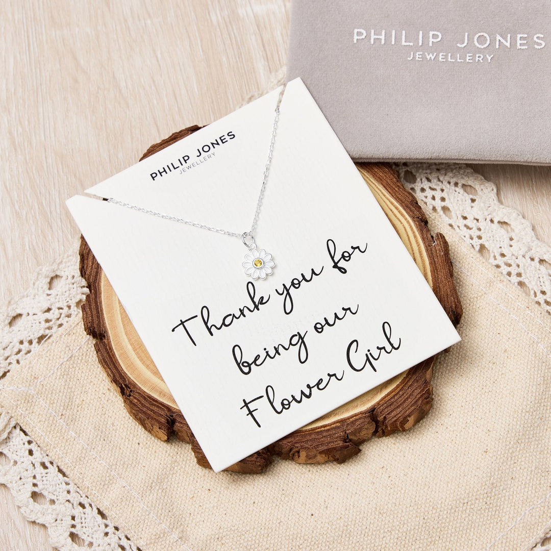 Kid's Sterling Silver Thank you for being our Flower Girl Daisy Necklace Created with Zircondia® Crystals - Philip Jones Jewellery