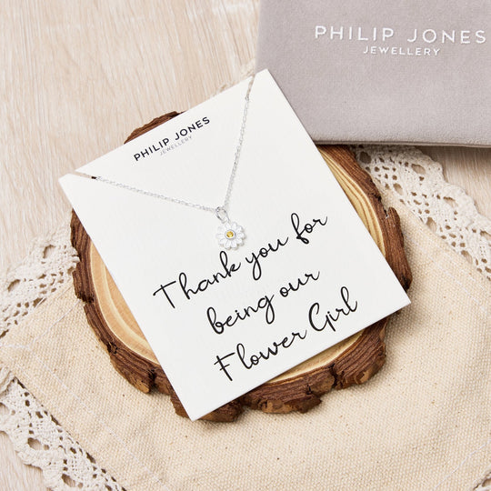 Kid's Sterling Silver Thank you for being our Flower Girl Daisy Necklace Created with Zircondia® Crystals - Philip Jones Jewellery