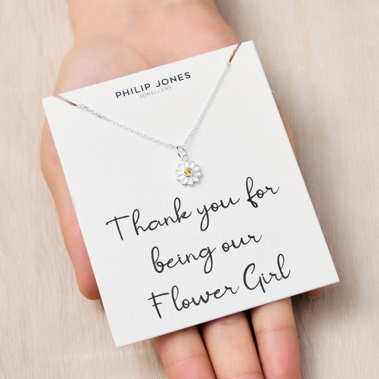 Kid's Sterling Silver Thank you for being our Flower Girl Daisy Necklace Created with Zircondia® Crystals - Philip Jones Jewellery