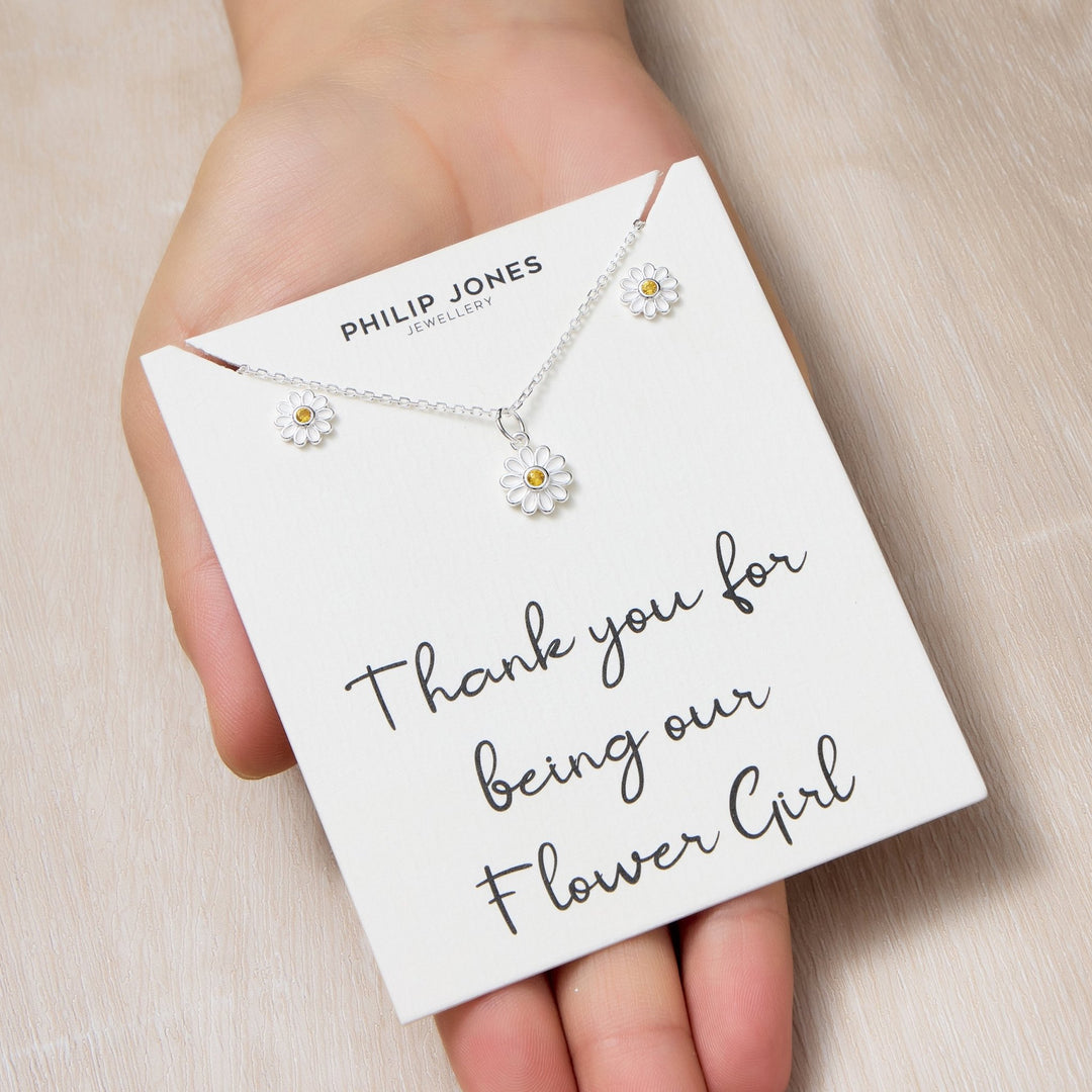 Kid's Sterling Silver Thank you for being our Flower Girl Daisy Set Created with Zircondia® Crystals - Philip Jones Jewellery