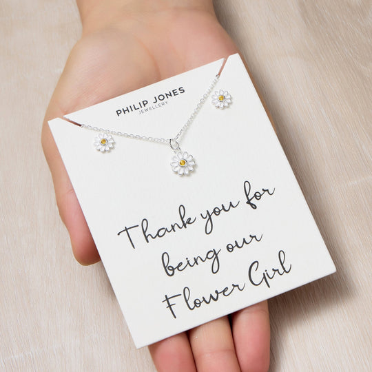 Kid's Sterling Silver Thank you for being our Flower Girl Daisy Set Created with Zircondia® Crystals - Philip Jones Jewellery