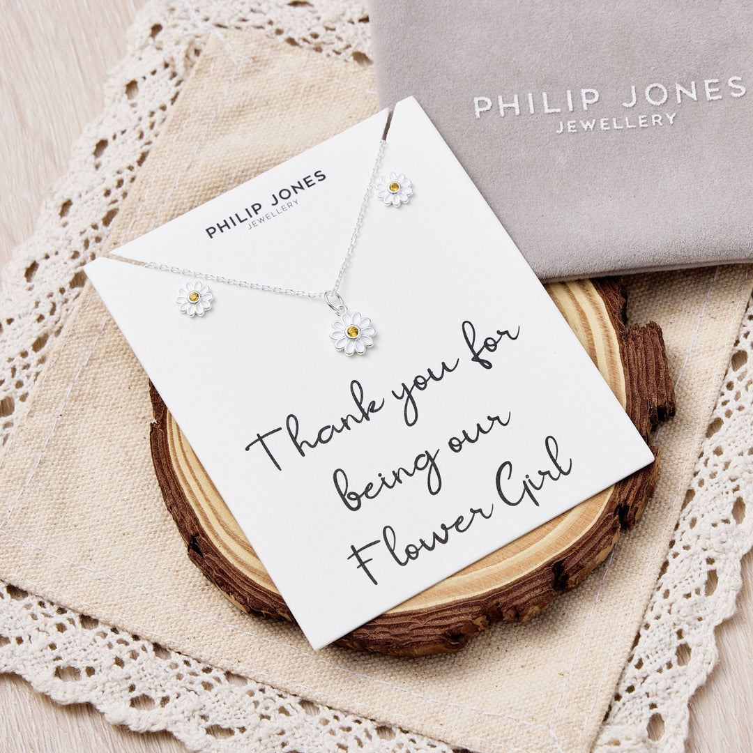 Kid's Sterling Silver Thank you for being our Flower Girl Daisy Set Created with Zircondia® Crystals - Philip Jones Jewellery