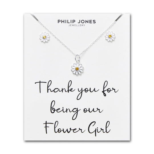 Kid's Sterling Silver Thank you for being our Flower Girl Daisy Set Created with Zircondia® Crystals - Philip Jones Jewellery