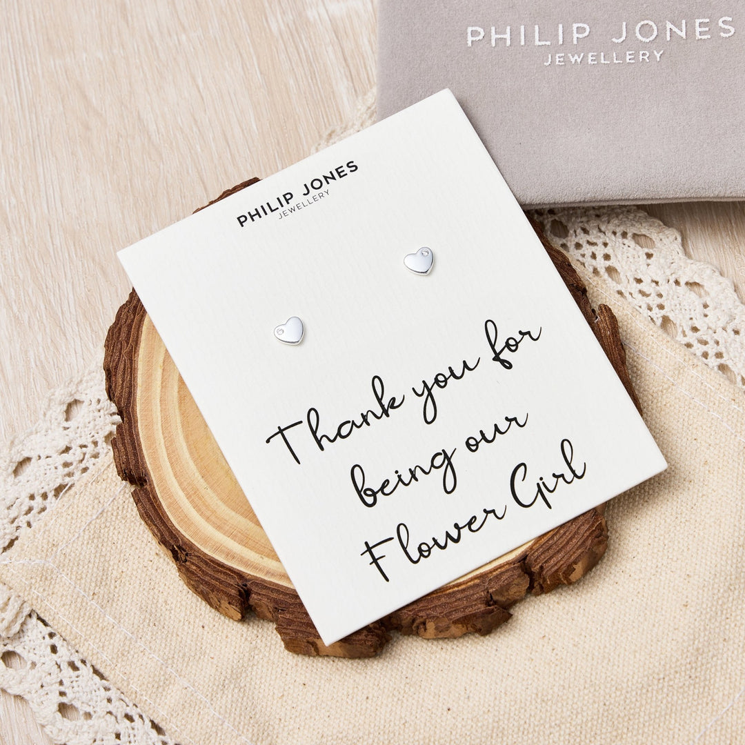Kid's Sterling Silver Thank you for being our Flower Girl Heart Earrings Created with Zircondia® Crystals - Philip Jones Jewellery
