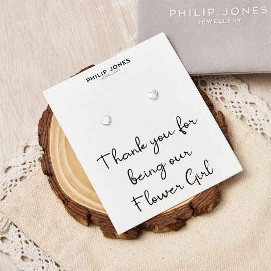 Kid's Sterling Silver Thank you for being our Flower Girl Heart Earrings Created with Zircondia® Crystals - Philip Jones Jewellery