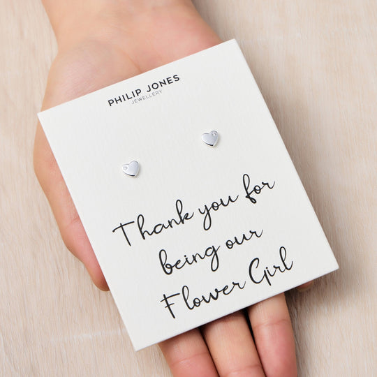 Kid's Sterling Silver Thank you for being our Flower Girl Heart Earrings Created with Zircondia® Crystals - Philip Jones Jewellery