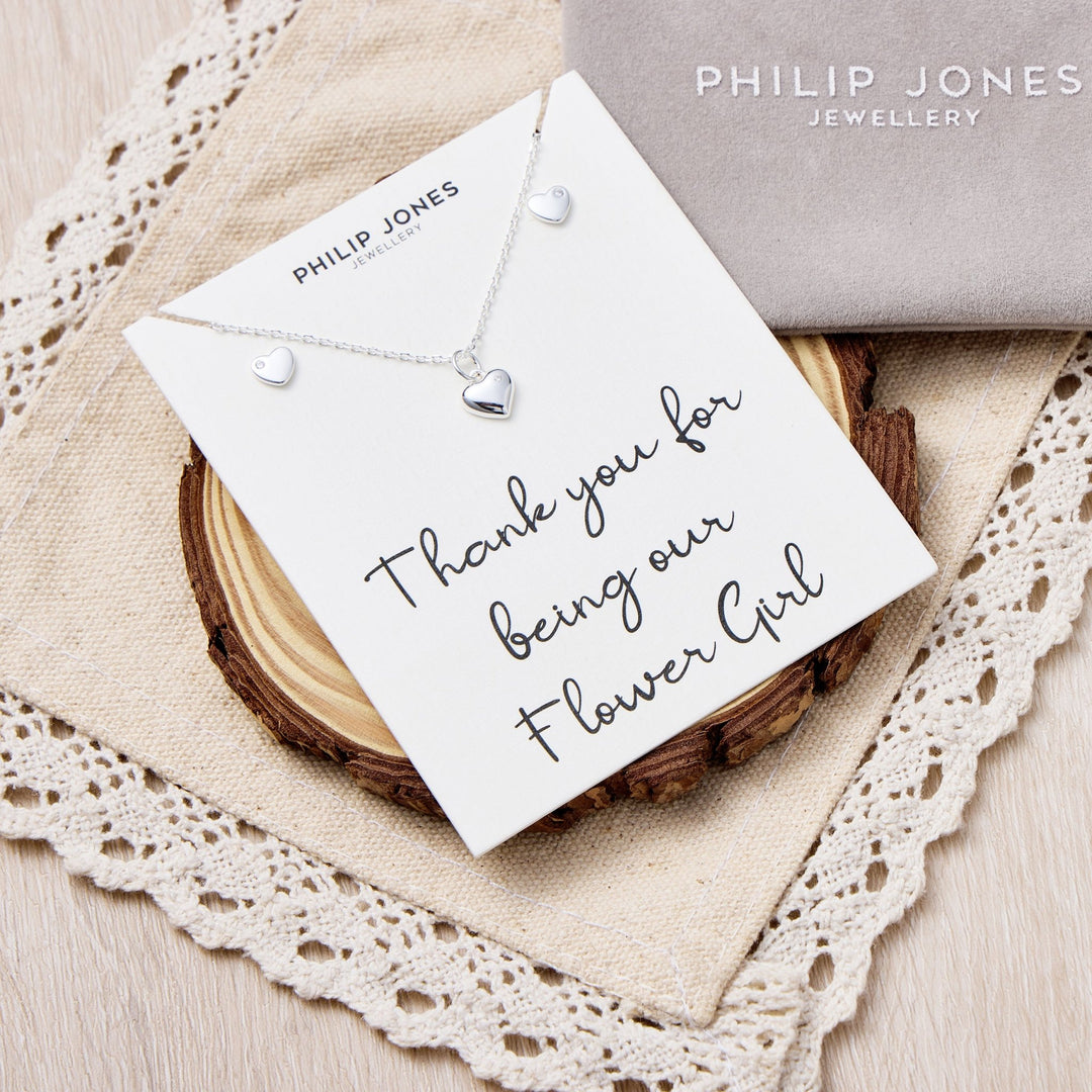 Kid's Sterling Silver Thank you for being our Flower Girl Heart Set Created with Zircondia® Crystals - Philip Jones Jewellery