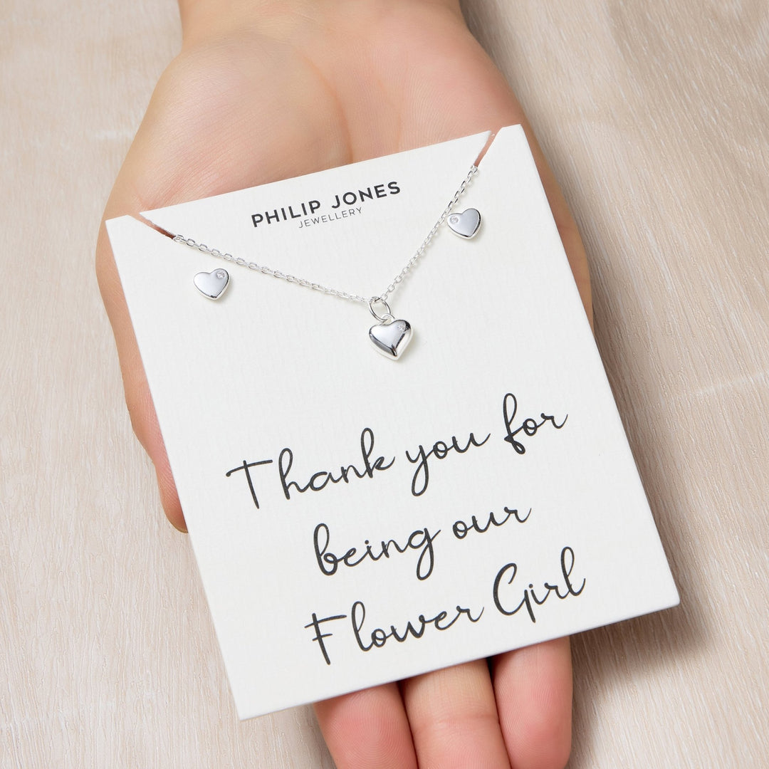 Kid's Sterling Silver Thank you for being our Flower Girl Heart Set Created with Zircondia® Crystals - Philip Jones Jewellery