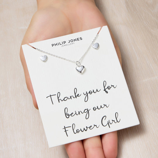 Kid's Sterling Silver Thank you for being our Flower Girl Heart Set Created with Zircondia® Crystals - Philip Jones Jewellery