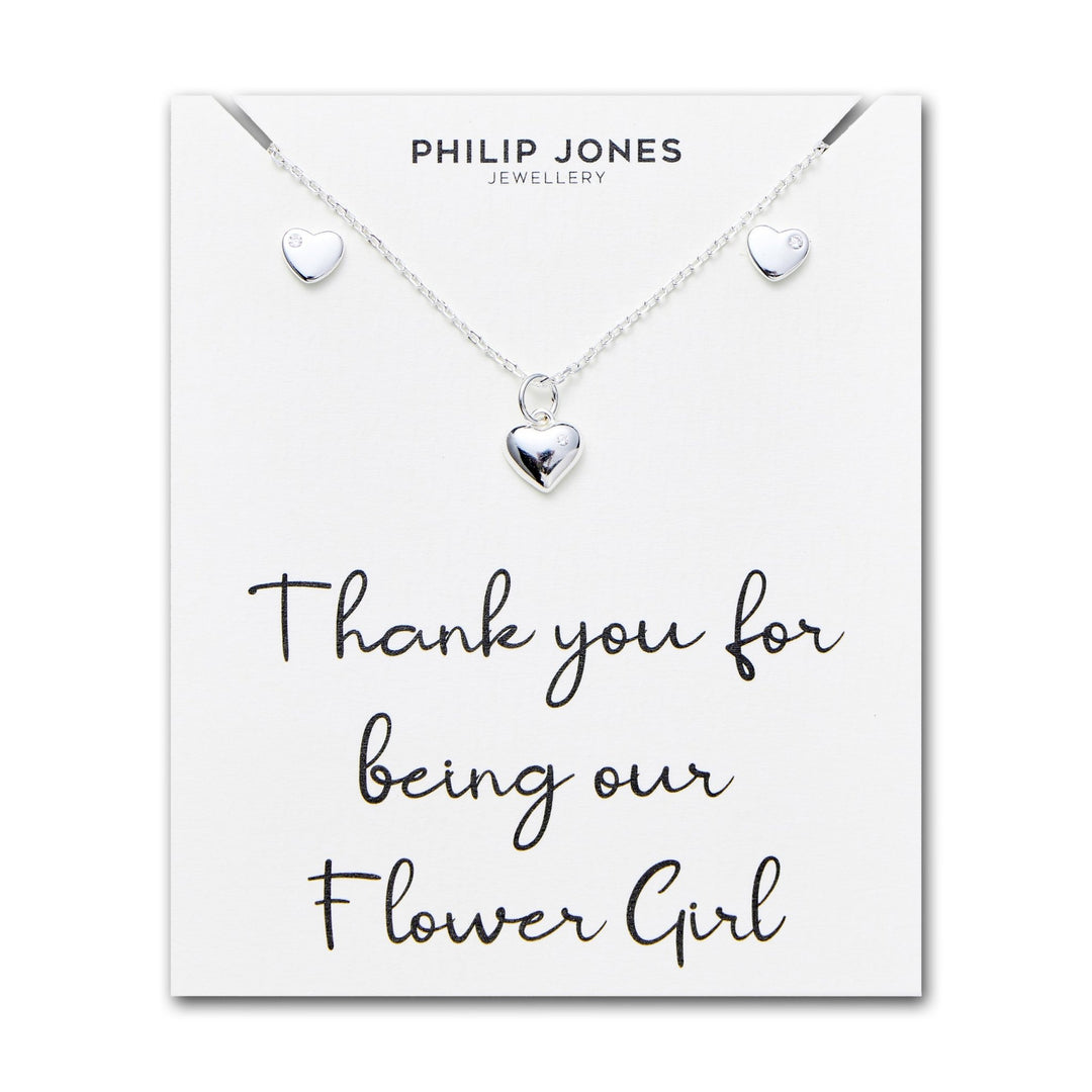 Kid's Sterling Silver Thank you for being our Flower Girl Heart Set Created with Zircondia® Crystals - Philip Jones Jewellery