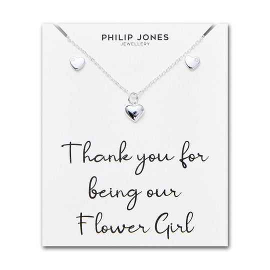 Kid's Sterling Silver Thank you for being our Flower Girl Heart Set Created with Zircondia® Crystals - Philip Jones Jewellery