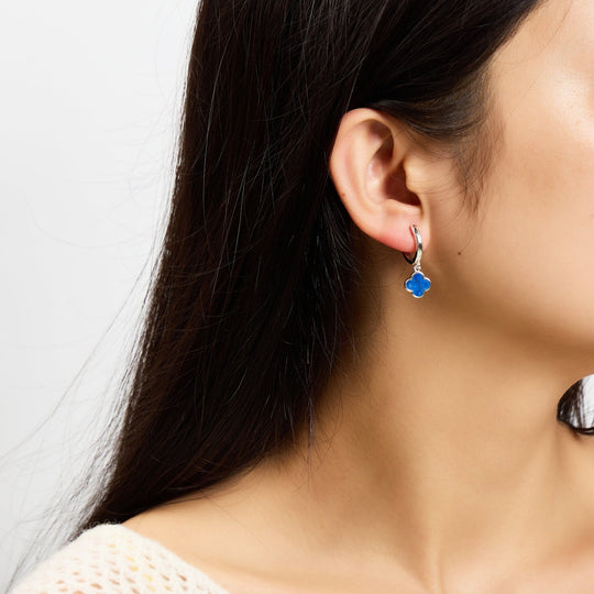Lapis Gemstone Clover Charm Hoop Earrings - Philip Jones Jewellery