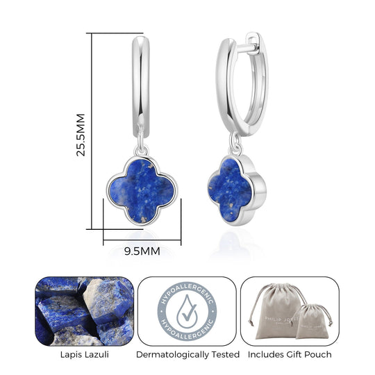 Lapis Gemstone Clover Charm Hoop Earrings - Philip Jones Jewellery