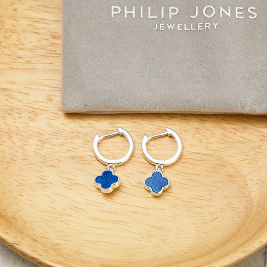 Lapis Gemstone Clover Charm Hoop Earrings - Philip Jones Jewellery