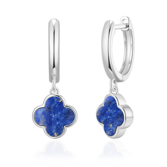 Lapis Gemstone Clover Charm Hoop Earrings - Philip Jones Jewellery