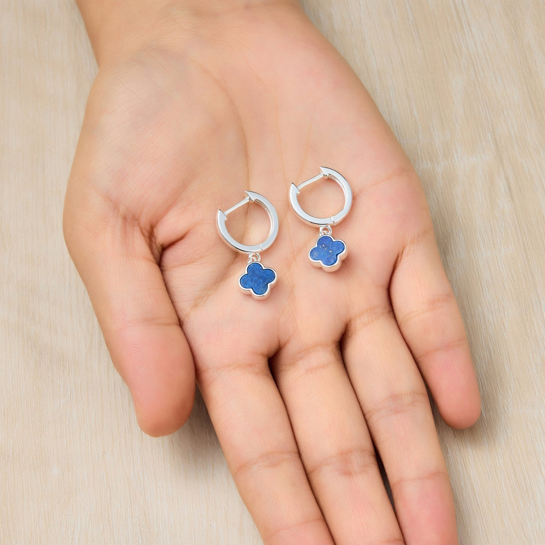 Lapis Gemstone Clover Charm Hoop Earrings - Philip Jones Jewellery